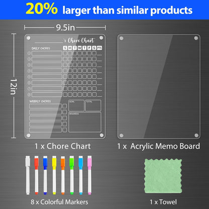 PigPotParty Acrylic Magnetic Chore Chart for Adults, 12x9.5 Inch Clear Dry Erase Chore Board for Fridge, Daily Weekly and Notes Sections, Pre-Installed Embedded Magnets, 8 Fine-tip Markers and Towel
