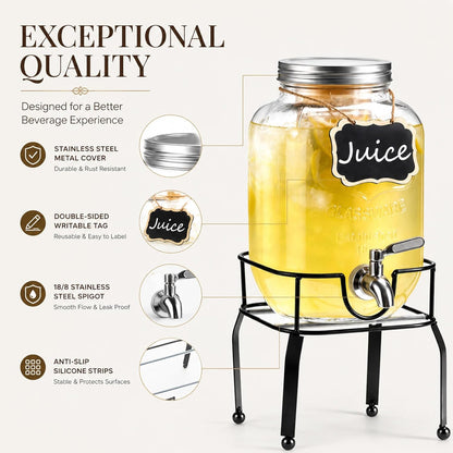 2 Pack1 Gallon Glass Drink Dispensers For Parties,Beverage Dispenser with Stand,304 Stainless Steel Spigot Leakproof,Lemonade Dispenser for Sun Tea, Homemade Juice