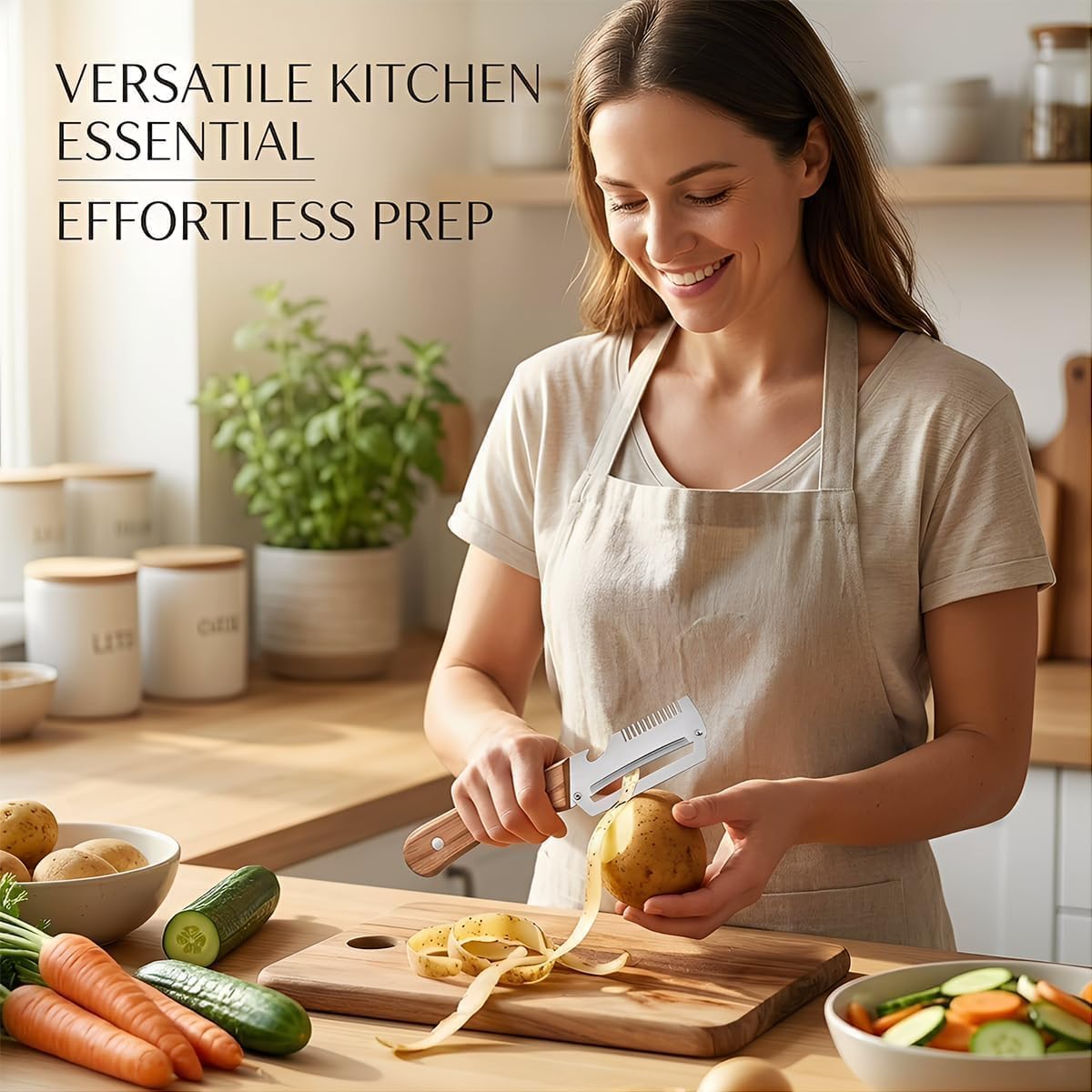 2 Pcs Multi-Functional Vegetable Peeler for Kitchen, Features Solid Wood Handles, 3-in-1 Fruit Peeler with Bottle Opener and Grater, Julienne Peeler, Vegetable Shredder for Potato, Carrot, Fruits