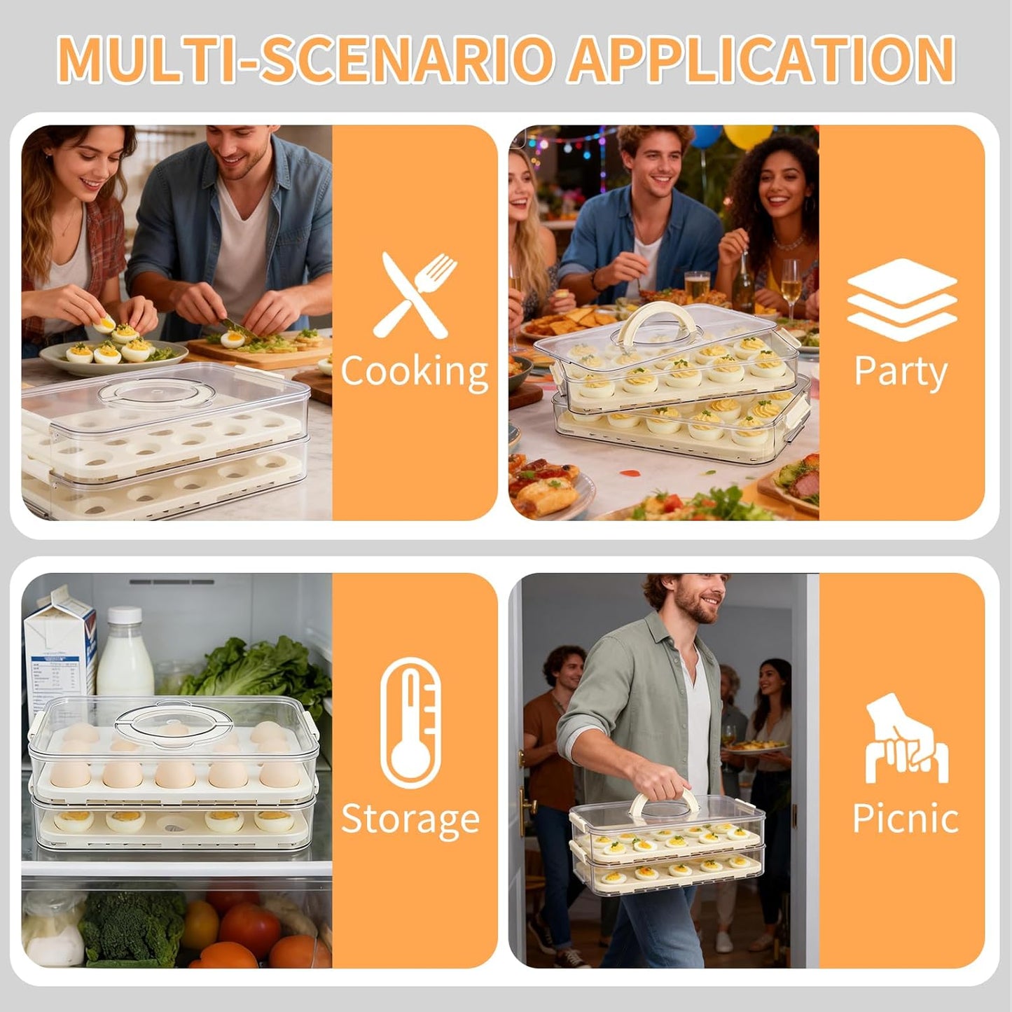 Deviled Egg Containers with Lid, 2 Layer Plastic Clear Deviled Egg Carrier with Lid, Storage 40 Eggs, Durable Eggs Holder with Handle for Easy Carry, Portable Tray Platter for Fridge, Travel and Party