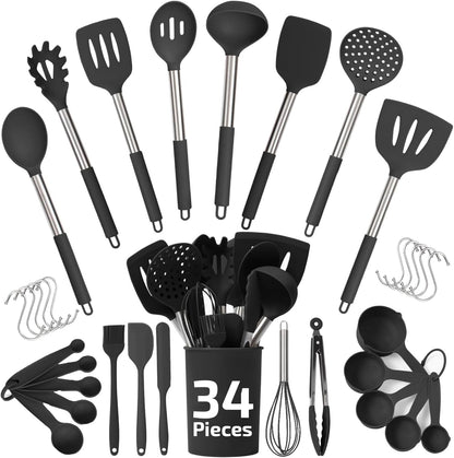 Silicone Kitchen Utensils Set 34 Pieces 450 °F Heat Resistant - Grey Cooking Utensils-Set for Nonstick Cookware - Silicone Spatulas Set, Stainless Steel Handle & Other Kitchen accessories