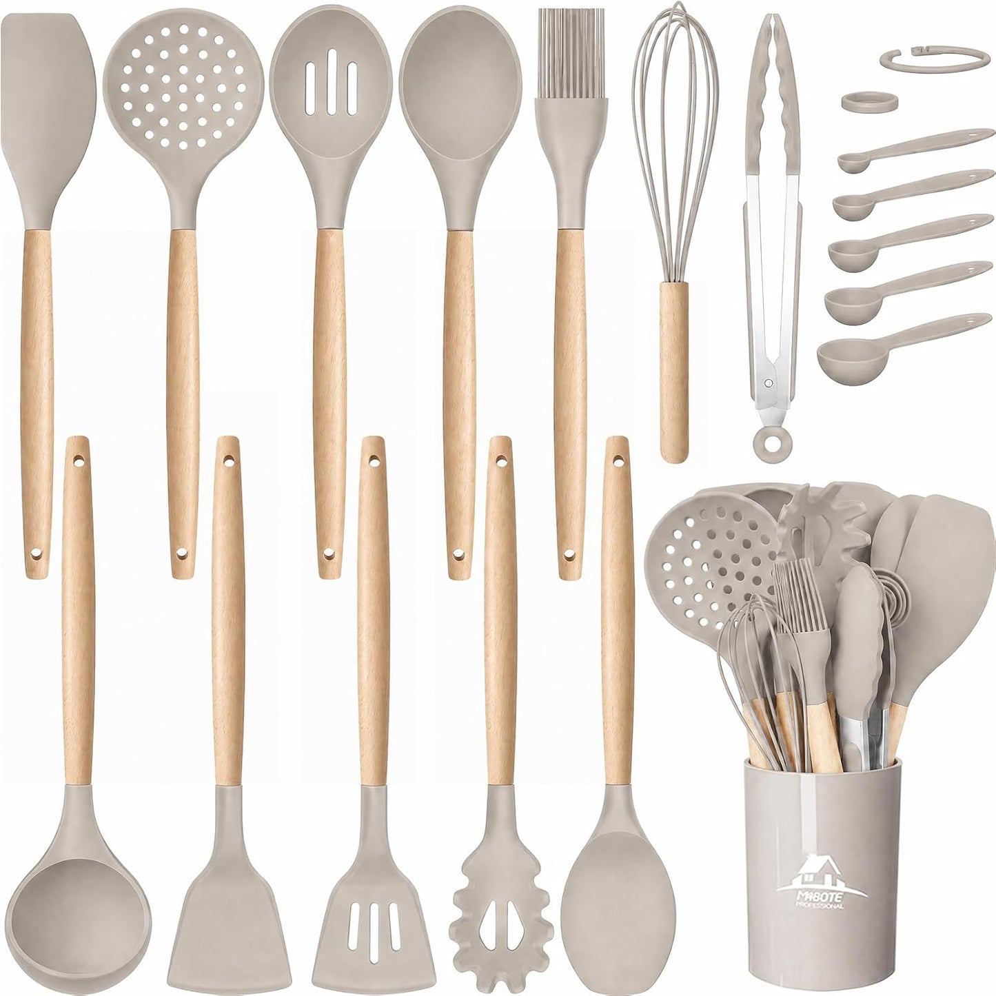 MIBOTE 17 Pcs Silicone Cooking Kitchen Utensils Set with Holder, Wooden Handles Silicone Turner Tongs Spatula Spoon Kitchen Gadgets Utensil Set for Nonstick Cookware (Grey)