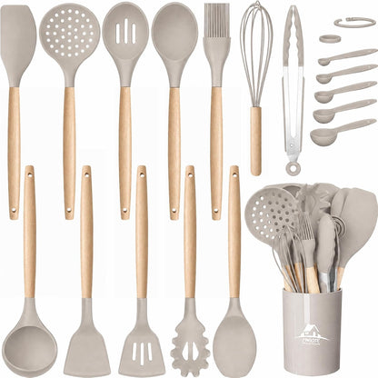 MIBOTE 17 Pcs Silicone Cooking Kitchen Utensils Set with Holder, Wooden Handles Silicone Turner Tongs Spatula Spoon Kitchen Gadgets Utensil Set for Nonstick Cookware (Grey)