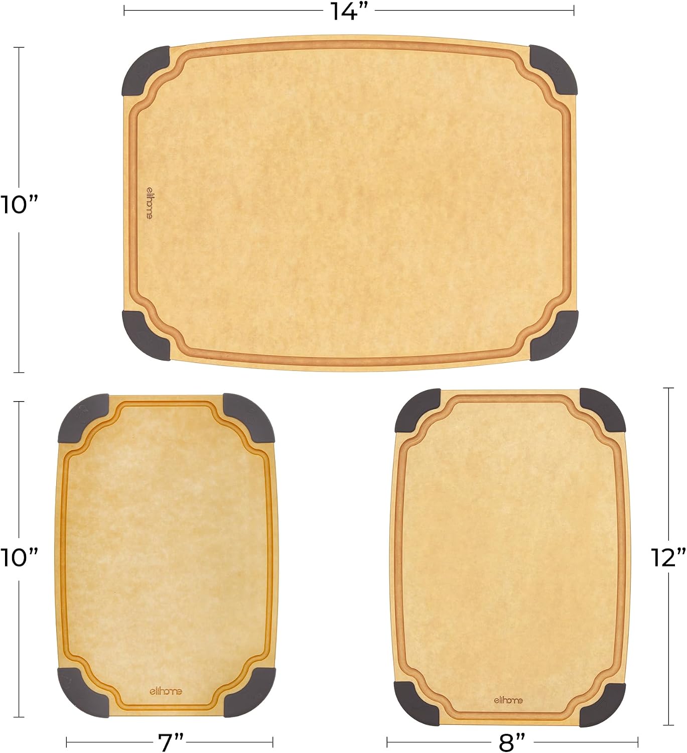 Elihome Essential Series 2-in1 Wood Cutting Board Set for Kitchen, Wooden Board for Chopping Vegetables, Bread, Cheese, Meat, Salad, Bread Board for Countertop, Butcher Block, Non-Slip