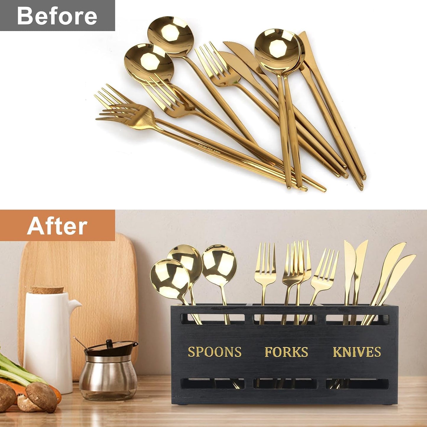 Wooden Silverware Cutlery Holder White Flatware Caddy Small Kitchen Utensil Holders for Party Wood Silverware Organizer Storage for Table Countertop Spoon and Fork Holder Utensils Caddy Basket