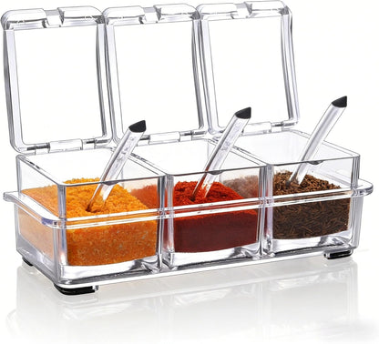 V·RESOURCING Clear Seasoning Box, 3 Pieces Seasoning Rack Spice Pots Storage Container for Spice Salt Sugar Cruet Liquid,Condiment Jars with 3 Spoons