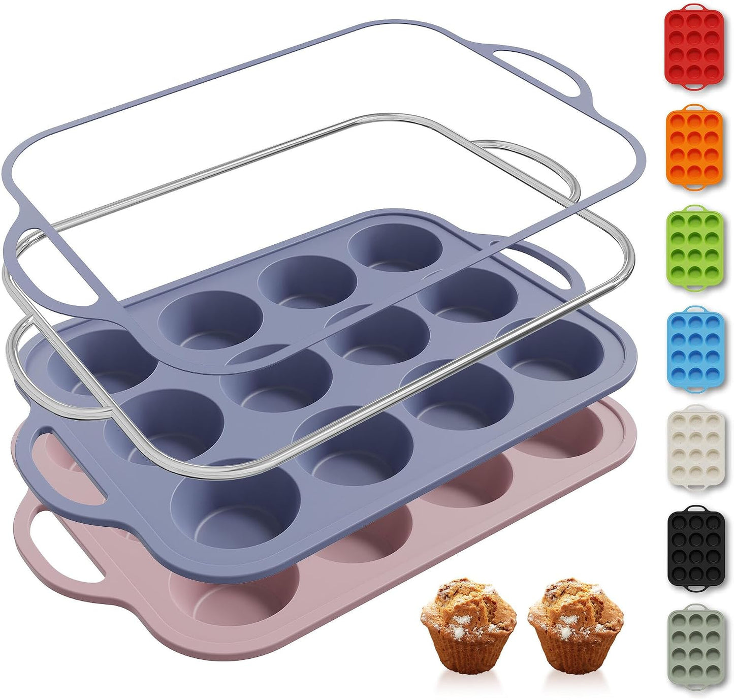 2 Packs 12 Cups Silicone Muffin Pan for Baking with Metal Reinforced Frame Regular Size Cupcake Pan Tray Egg Bites Silicone Cookie Molds Muffin Tin Tart Pans Sheet Set for Oven Dishwasher Safe