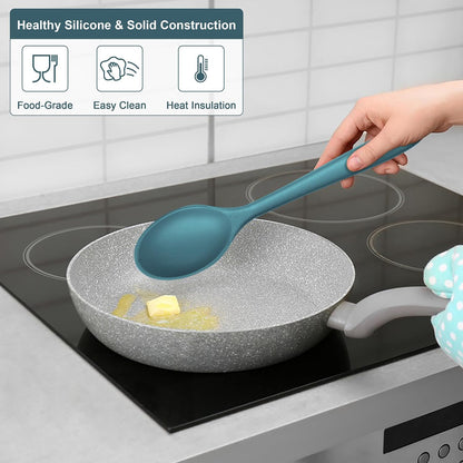 E-far Silicone Cooking Spoon Set of 2, Heat Resistant Kitchen Spoons Utensils Nonstick Mixing Spoon for Baking Stirring Serving, Non-Toxic & Dishwasher Safe (Black)