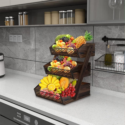 Dorhors Fruit Basket for Kitchen,Fruit Bowl,Kitchen Counter Organizer,Wooden Vegetable Holder for Countertop,Bread Storage Basket Stand(2 Tier)