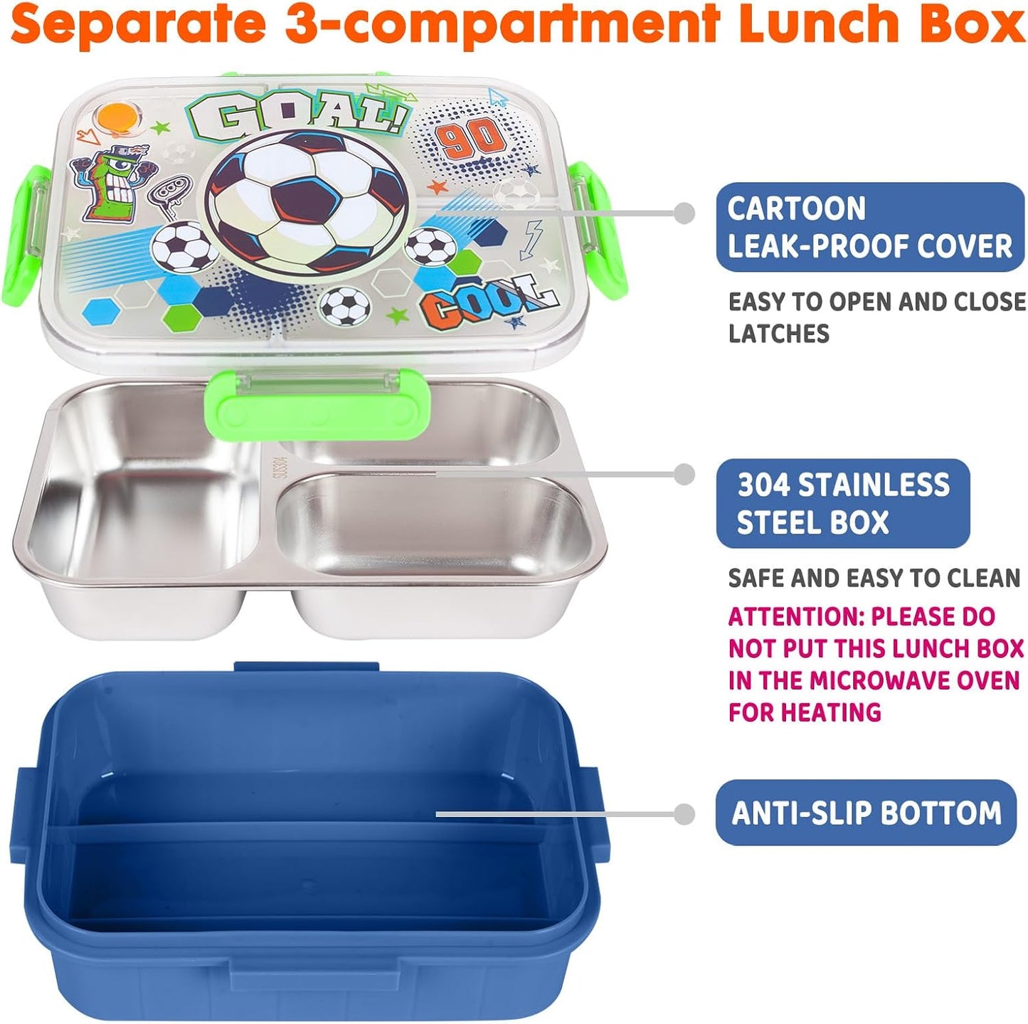 Stainless Steel Bento Lunch Box for Kids, 800ml/27oz BPA-Free Leak-Proof Food Containers with 3 Compartments, Freezer & Dishwasher Safe, Back to School Students Lunches Size for Ages 3-7