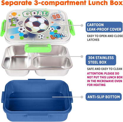 Stainless Steel Bento Lunch Box for Kids, 800ml/27oz BPA-Free Leak-Proof Food Containers with 3 Compartments, Freezer & Dishwasher Safe, Back to School Students Lunches Size for Ages 3-7