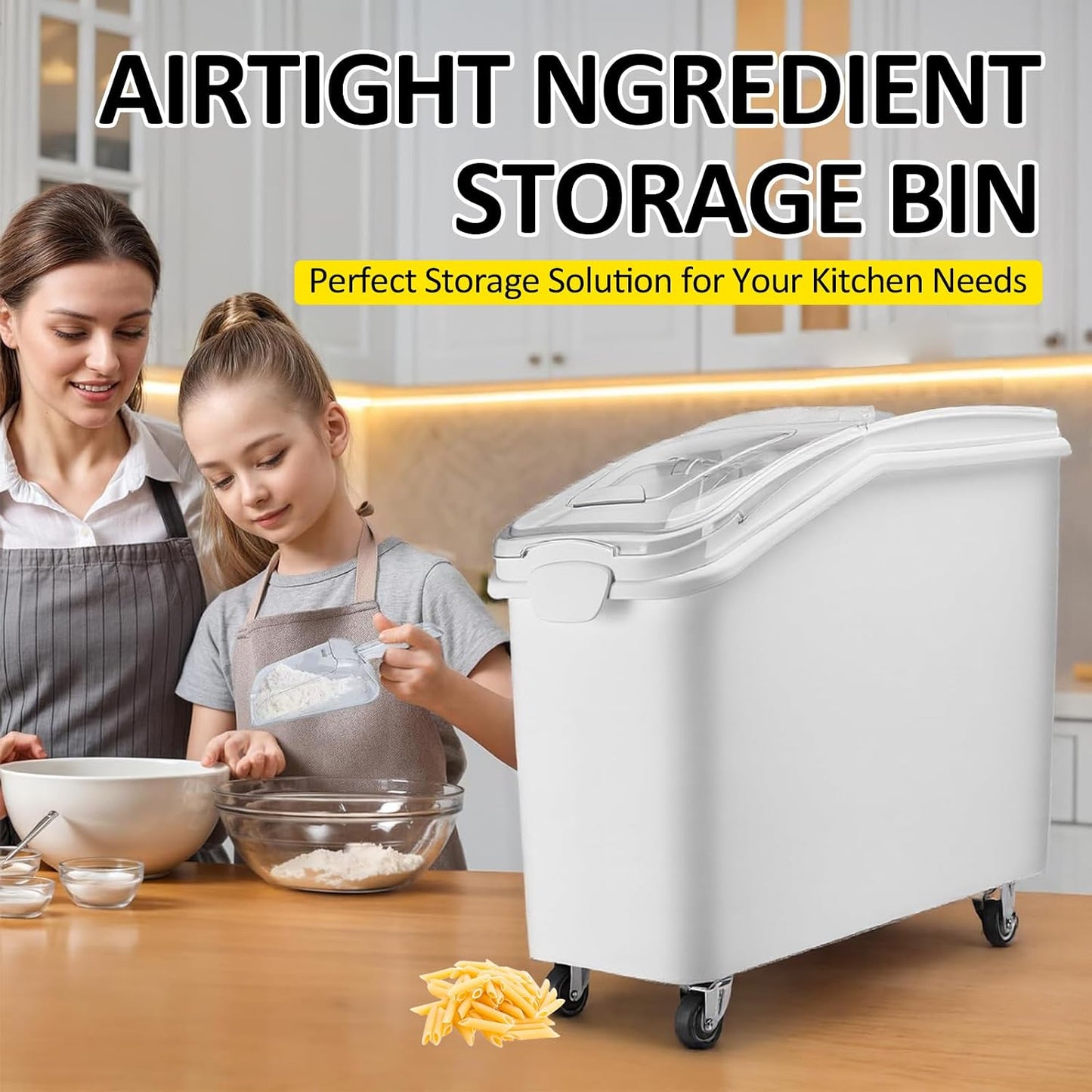 26.93 Gallon Commercial Flour Bin with Locking Wheels,Mobile Ingredient Storage Container,Holds 227lb Sugar /149lb Flour,Kitchen & Pantry Organizer