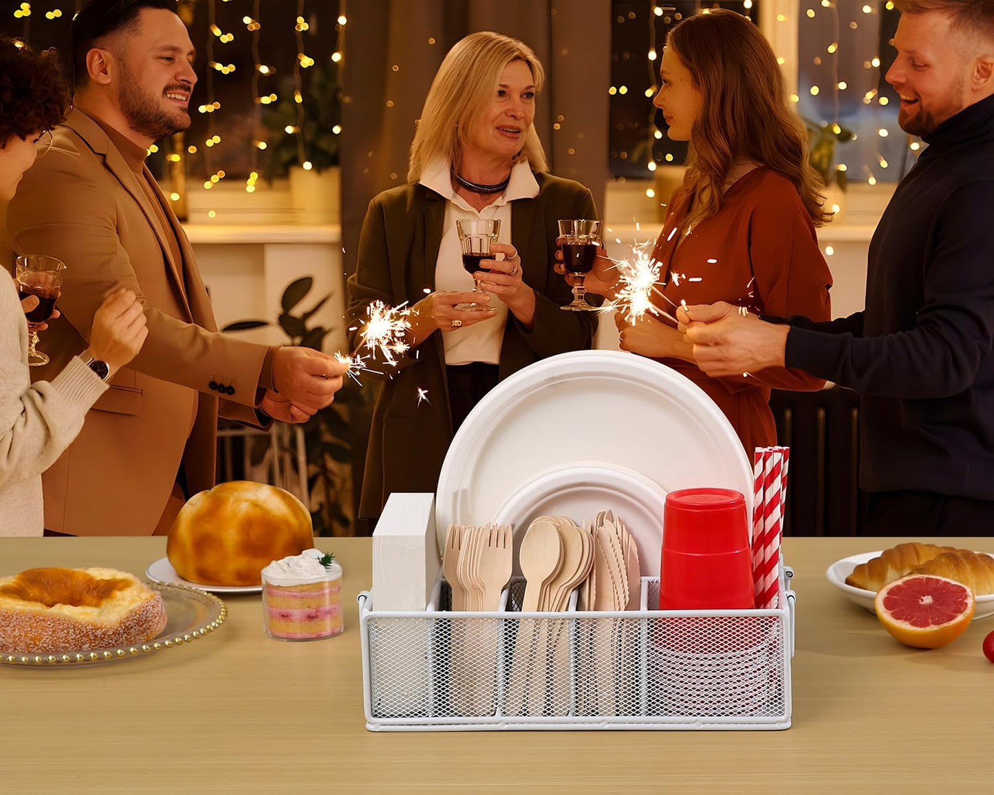Paper Plate Dispenser with Handle, Metal Paper Plate Holders for Kitchen Counter, Utensil Holder Organizer with 6 Compartments, Silverware Holder Caddy for Cup Fork Spoon Napkin Party Camping