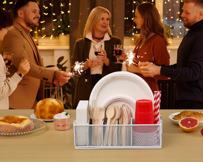 Paper Plate Dispenser with Handle, Metal Paper Plate Holders for Kitchen Counter, Utensil Holder Organizer with 6 Compartments, Silverware Holder Caddy for Cup Fork Spoon Napkin Party Camping