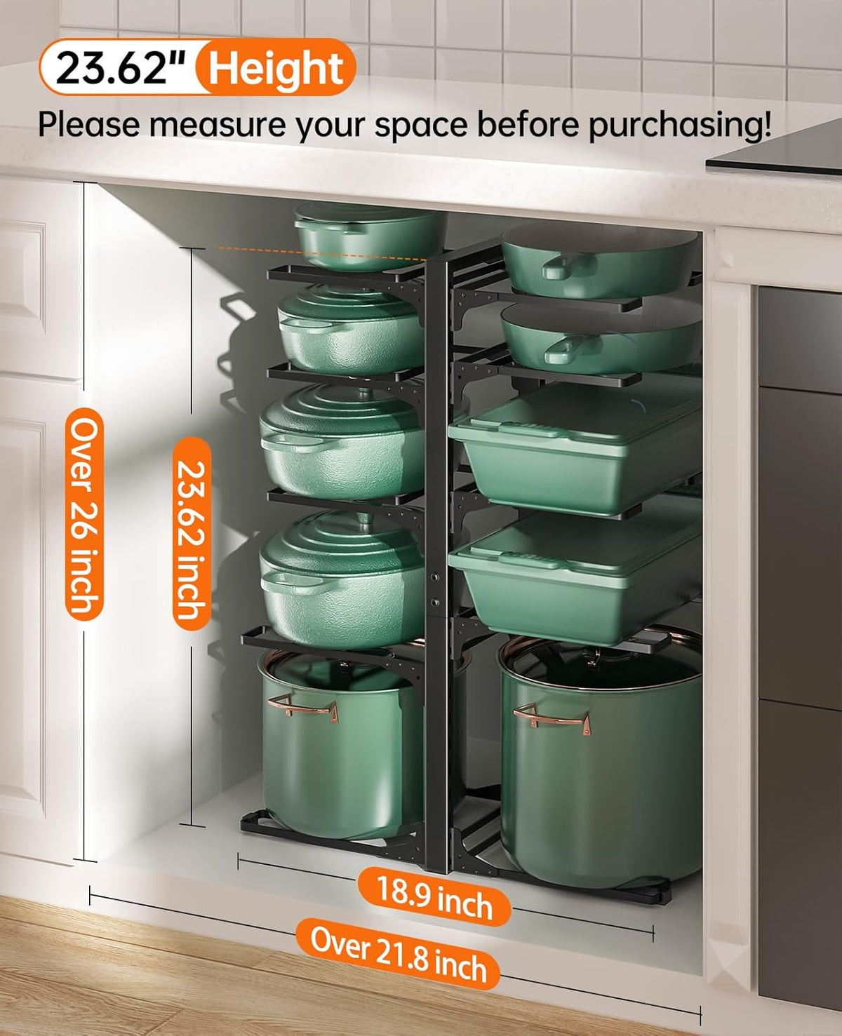 ORDORA Pots and Pans Organizer Under Cabinet 16.6", 8-Tier Adjustable Rack