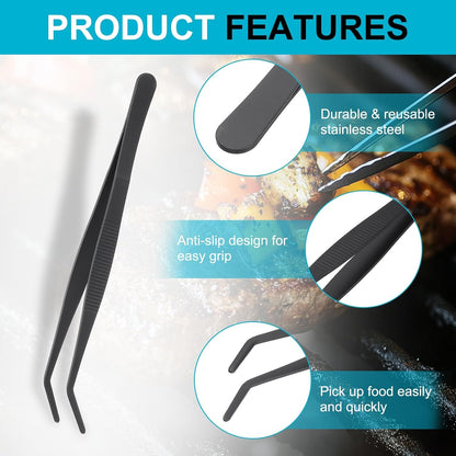 uxcell Kitchen Tweezers Stainless Steel, 8 Inch Food Tongs Fine Cooking Tweezers Set Extra-Long Tweezer Tongs for Cooking Grill Baking BBQ, Black Bend Clip