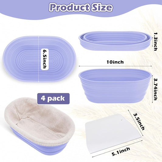 Nuogo 4 Pack Oval Bread Proofing Basket Silicone 10 Inch Collapsible,Purple