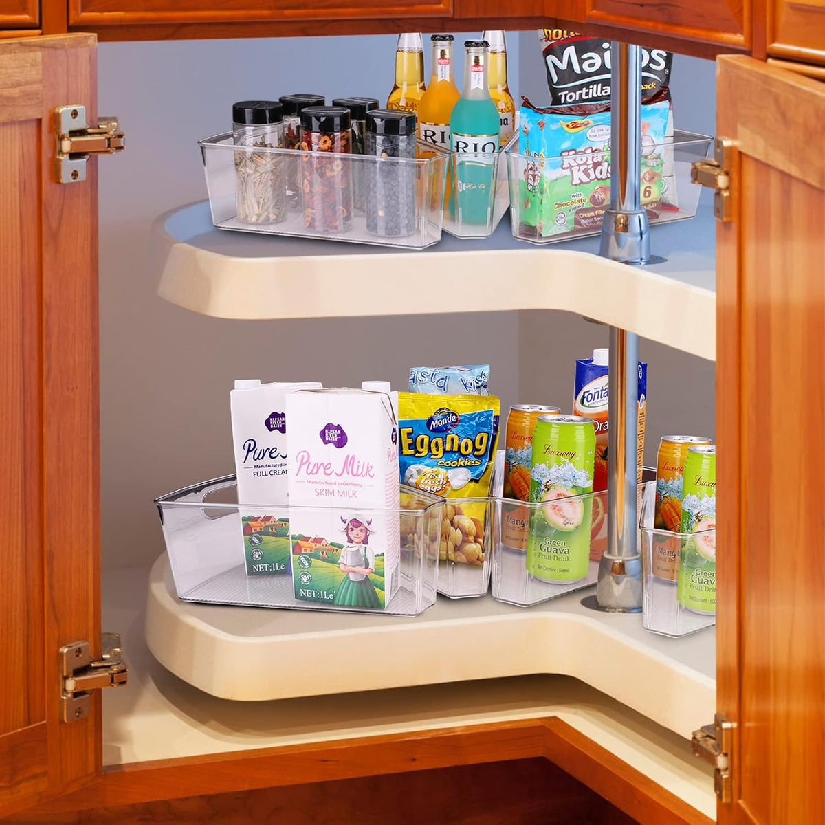 URALFA Lazy Susan Organizer, 1/8 Wedge Corner Cabinet Bins, Set of 4 | 10"x9.5"x4" Clear Plastic Bins with Handle, BPA-Free Food Safe, Fits 26"/28"/32" Lazy Susan, 4" Deep Storage