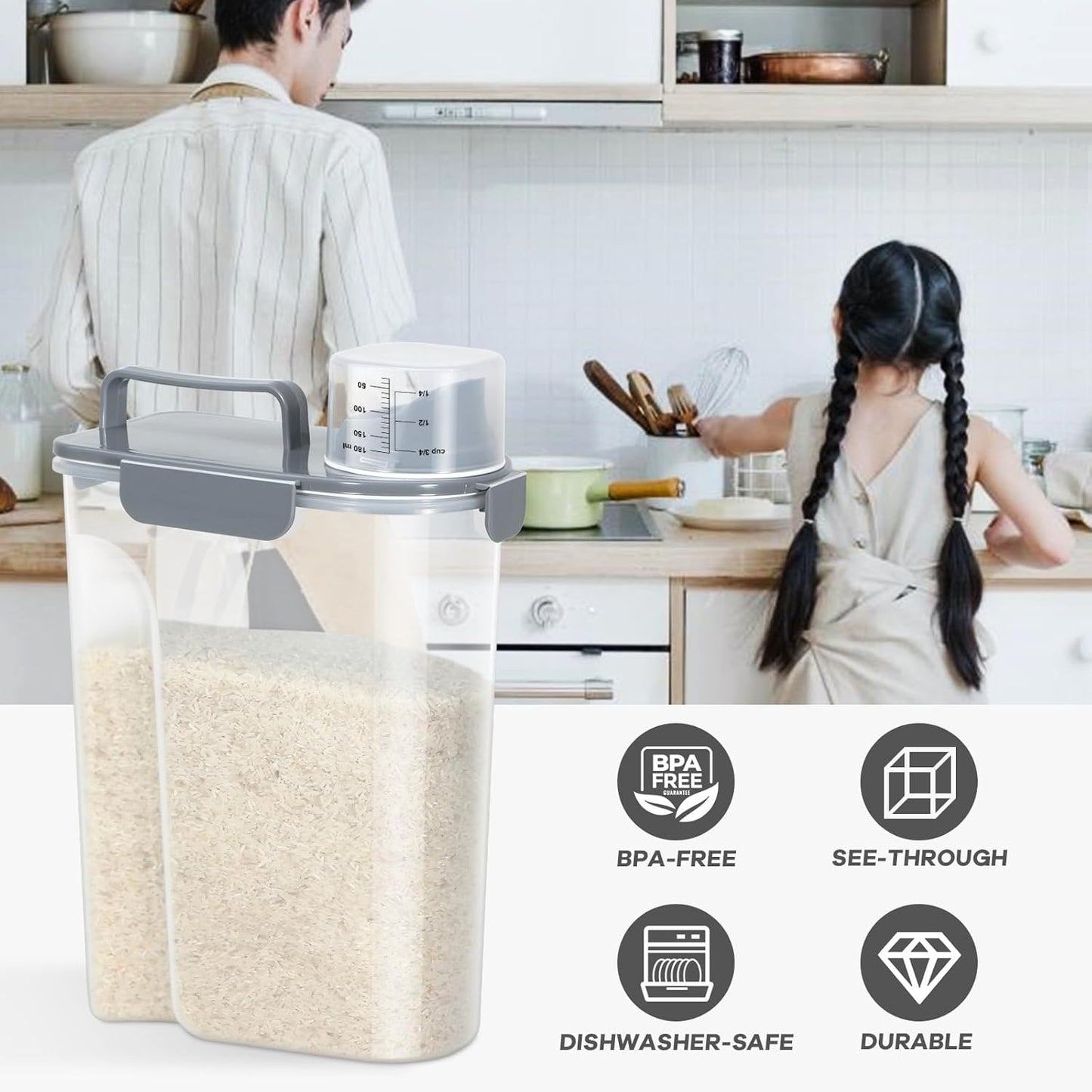 TBMAXS 2 Pack 3 Lbs Dog Cat Food Storage Containers for Travel, Portable Pet Food Storage Container, Easy-Pouring Bird Seed Dispenser, Airtight Rice Cereal Oatmeal Flour Holder -Beige