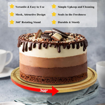 cutesun Cake Stand with Lid, 10.8'' Shatterproof Acrylic Dome (Not Glass), 11.8'' Rotating Acacia Wood Cake Display Stand for Wedding Birthday Party Dessert