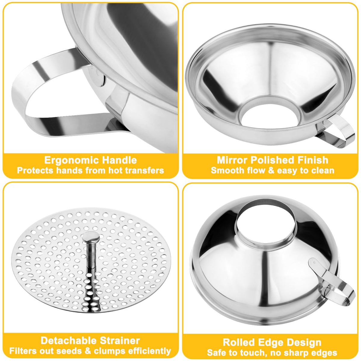 Stainless Steel Canning Funnel with Strainer, 3 Piece Wide & Regular Mouth Jar Funnels Set, Large & Small Metal Funnels with Detachable Umbrella Strainer, for Mason Jars, Jam, Liquids, Dry Goods