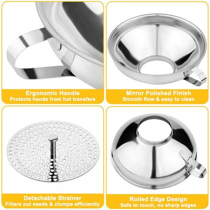 Stainless Steel Canning Funnel with Strainer, 3 Piece Wide & Regular Mouth Jar Funnels Set, Large & Small Metal Funnels with Detachable Umbrella Strainer, for Mason Jars, Jam, Liquids, Dry Goods