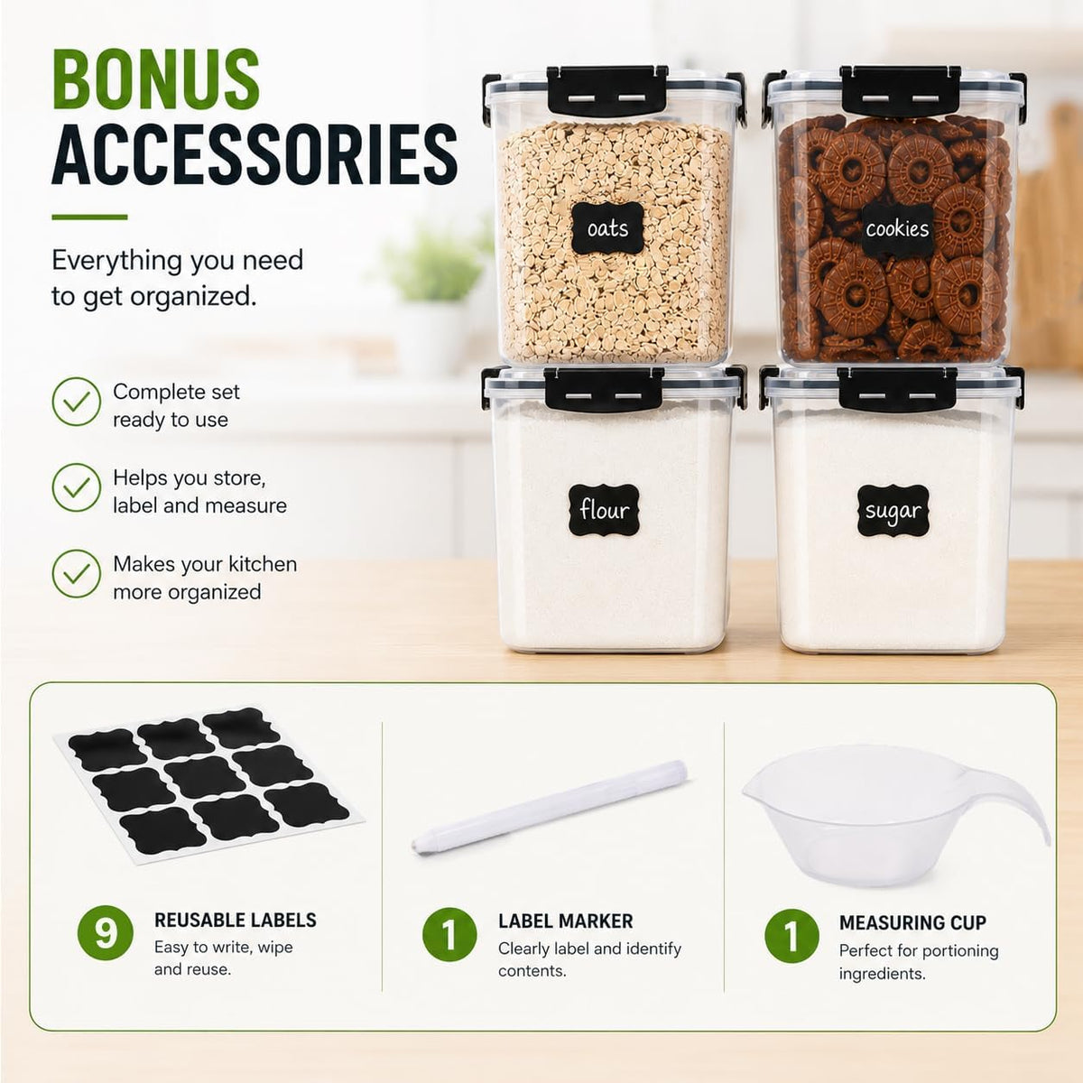 CASA LINGO Airtight Food Storage Containers with Lids Plastic 5.3L Set of 4 | Large Pantry Organization and Storage for Flour Sugar Dry Food Cereal, Kitchen Food Storage Containers, BPA Free