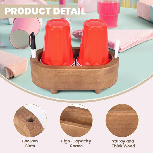 Double Wooden Cup Holder with Marker Slot,Bathroom Cup Dispenser,Disposable Mug Holder,for Party Home Decoration,Classic Brown Color,Simplicity.