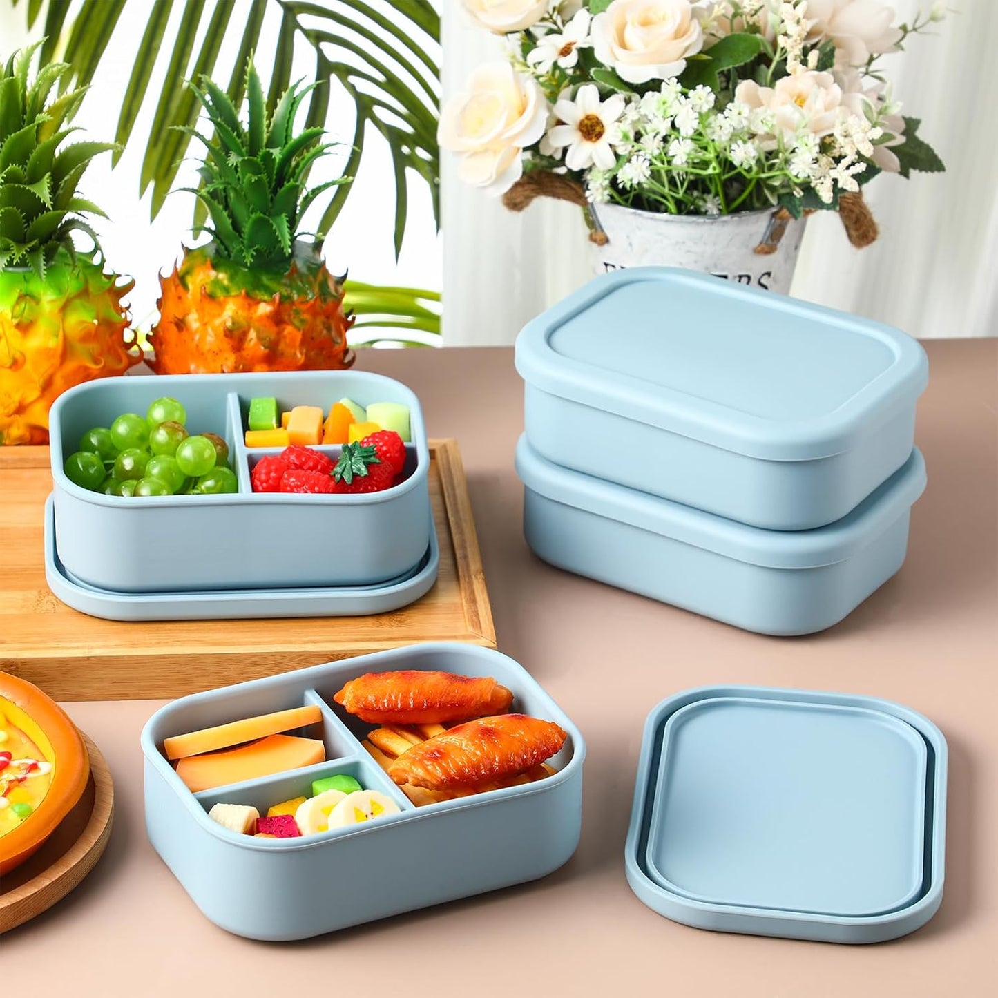 Honeydak 6 Pcs Silicone Bento Box Reusable Silicone Bento Lunch Container for Adults Microwave Dishwasher Freezer Safe 3 Compartment (Light Colors)
