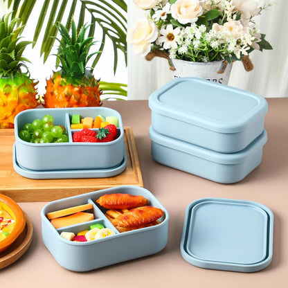 Honeydak 6 Pcs Silicone Bento Box Reusable Silicone Bento Lunch Container for Adults Microwave Dishwasher Freezer Safe 3 Compartment (Light Colors)