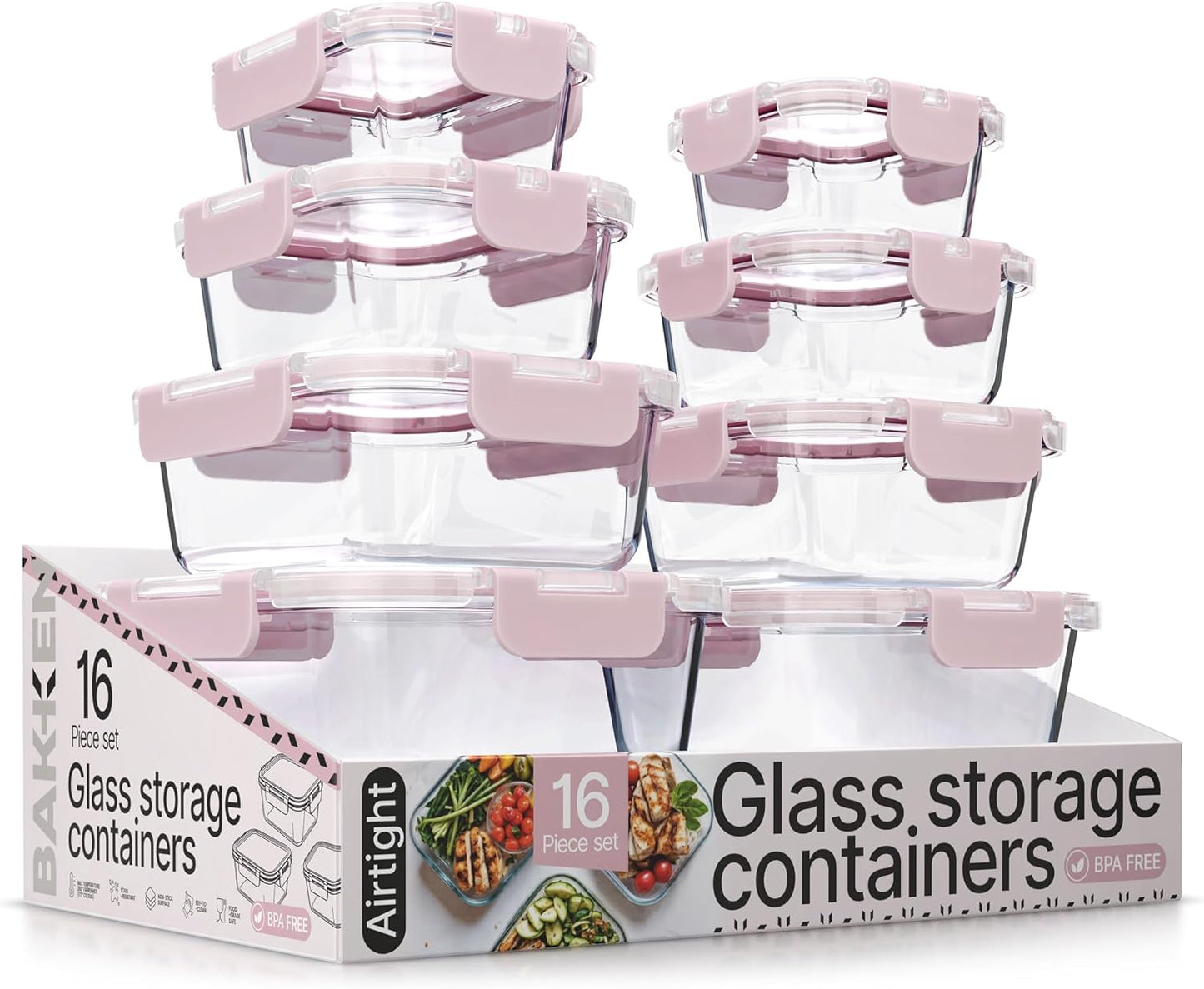 Bakken Borosilicate Glass Food Storage Containers with Lids 16 Pieces, BPA-Free Stackable Lunch & Leftover Containers, Microwave, Freezer & Dishwasher Safe, 100% Airtight Leak-Proof, Gray