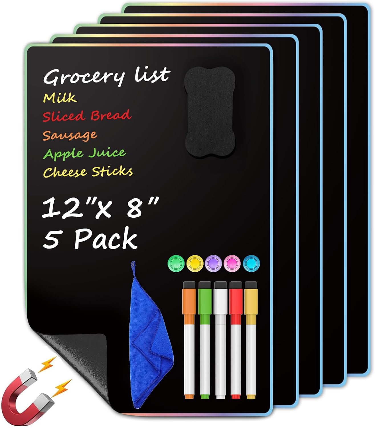 MaxGear 5 Pack Magnetic Whiteboard Sheets for Fridge, 12"x 8" Small Refrigerator Dry Erase Board for Kitchen Organizer and Planner, Smooth and Reusable, Includes 5 Markers, 5 Magnets and 1 Eraser