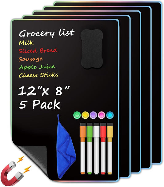 MaxGear 5 Pack Magnetic Whiteboard Sheets for Fridge, 12"x 8" Small Refrigerator Dry Erase Board for Kitchen Organizer and Planner, Smooth and Reusable, Includes 5 Markers, 5 Magnets and 1 Eraser
