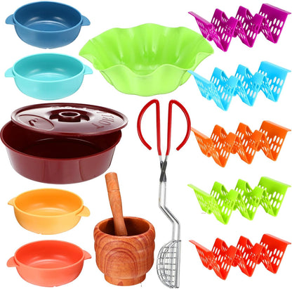 SiliFine Complete Taco Serving Set Taco Fiesta Kit Include Tortilla Warmer Small Salsa Bowls Large Salsa Dish Taco Stands Shell Holder Mortar and Pestle Taco Shell Maker Press Tortilla Fryer Tongs