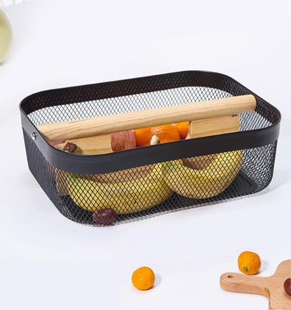 AJIODA Metal Mesh Steel Storage Basket, Garden Harvest Wire Organizer Basket Multi-functional Kitchen Fruit Basket with Wooden Removable Partition & Handle for Bathroom Picnic Decor Cabinet, Grey