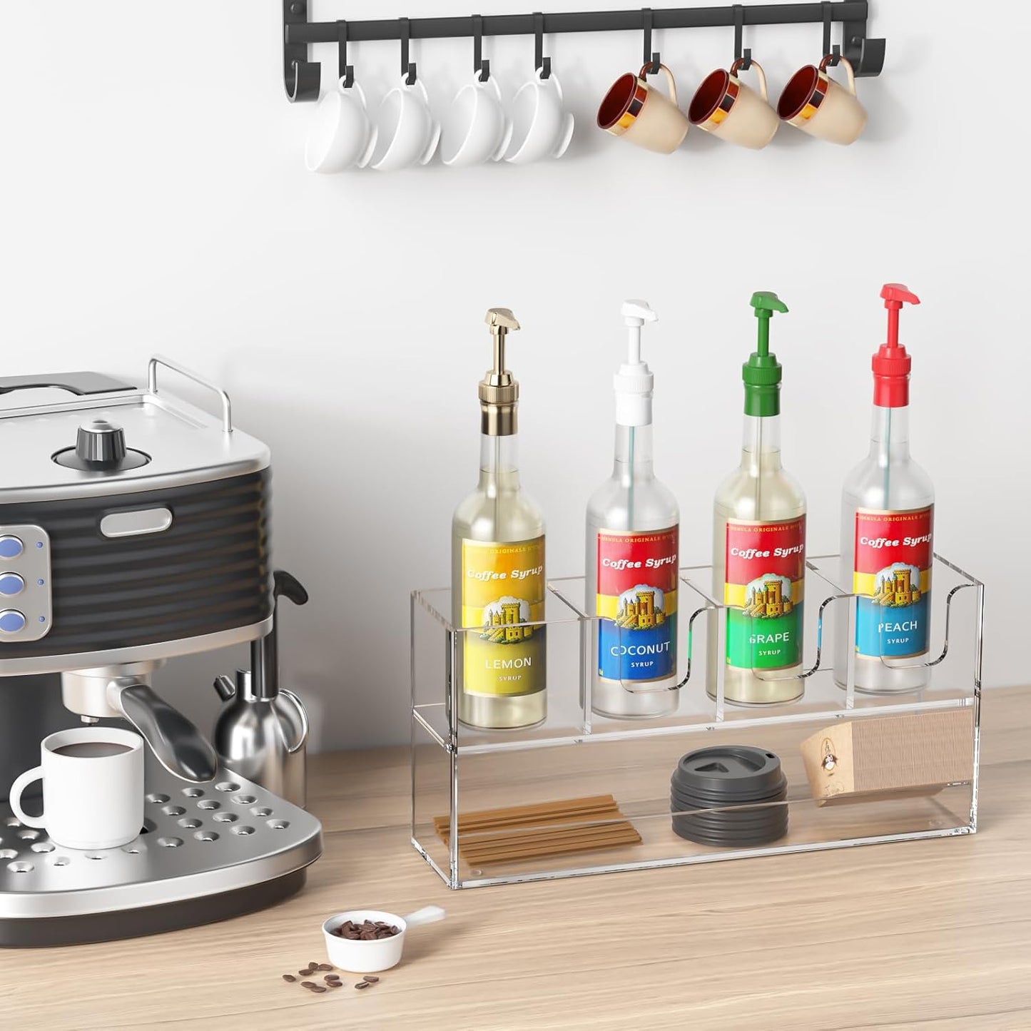 Coffee Condiment and Cup Organizer - 2-Tier Upright Cup and Lid Holder with Straw Organizer 2 Compartments Clear Acrylic Cup Dispenser for Restaurant Breakroom Coffee Station Countertop