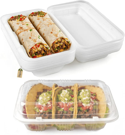 25PCS Disposable Taco Holder Box with Lids, 3-Divider Premium PP Taco Plates Microwave Safe, BPA Free To Go Taco Tray Clamshell for Taco Bar Party Serving