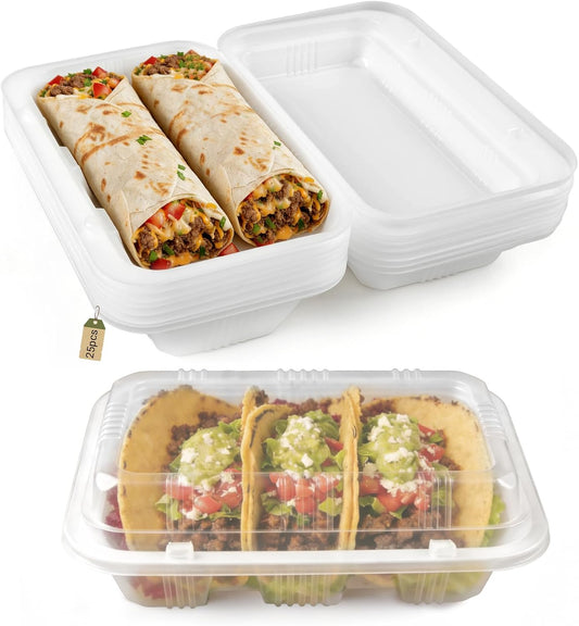 25PCS Disposable Taco Holder Box with Lids, 3-Divider Premium PP Taco Plates Microwave Safe, BPA Free To Go Taco Tray Clamshell for Taco Bar Party Serving