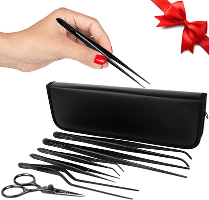 O'Creme Set of Culinary Tweezer Tongs Offset, Straight and Curved, Plus Super Sharp Chef Scissors, Total 6 Pieces (Rose Gold)