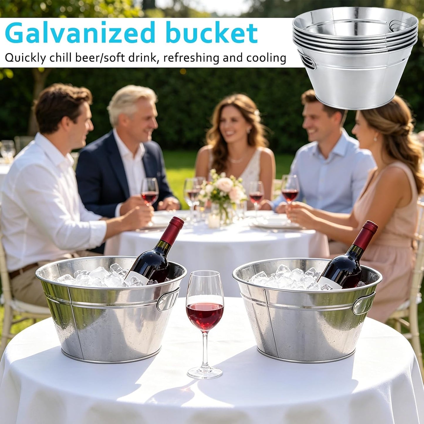 5 Pcs Large Metal Bucket Beer Bucket with Ice Shovels and Tongs Galvanized Steel Pail for Summer Pool Wedding Table Centerpiece Party Supplies (7.4 x 7.4 x 5.9 Inch,Silver)
