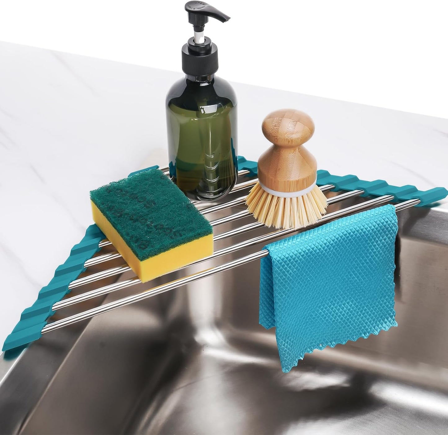 Tomorotec Foldable Stainless Steel Triangle Roll-Up Dish Drying Rack for Small Sink Corners - Over-The-Sink Multipurpose Kitchen Drainer, Rustproof Organizer, Trivet and Shelf - Space-Saving (Black)