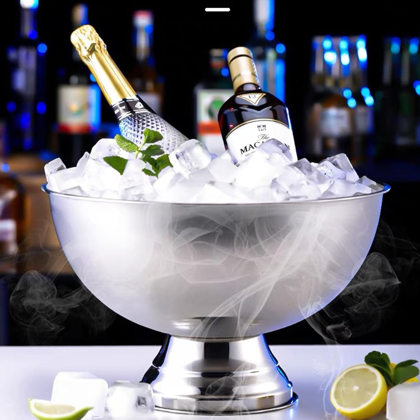 Large Ice Bucket 13L Stainless Steel Champagne Bowl Ice Bucket with Ice Scoop Semicircle Drink Tub with Integrated Base Silver Beverage Tub for Parties, Cocktail Bar, Chilling Wine (1 Pack-Silver)