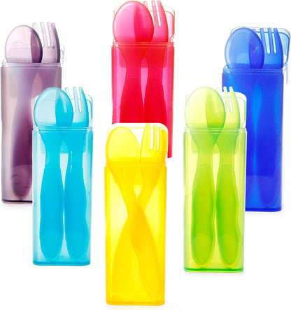 Youngever 6 Pack Plastic Toddler Utensils with Case, Plastic Kids Forks Kids Spoons, Large Size, Top Dishwasher Safe, Set of 6 in 6 Rainbow Colors