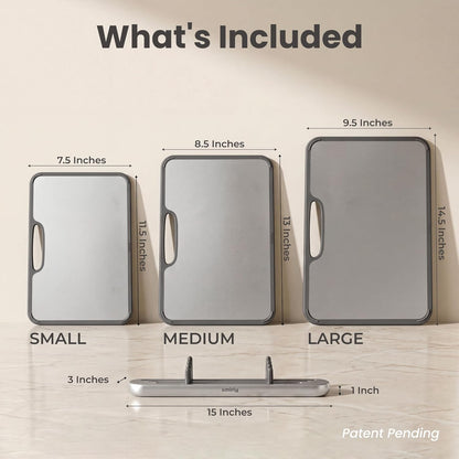 SMIRLY Titanium Cutting Board for Kitchen, Double Sided Chopping Board Set with Holder, Pure Titanium, 3 Pack (Silver)