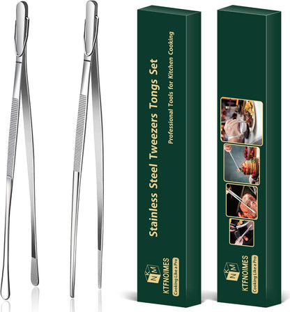 2 Pcs 12-Inch Cooking Tweezers Fine Tweezer Tongs, Extra-Long Stainless Steel Kitchen Tweezers, for Grilling, Serving, and Food Preparation,Silver