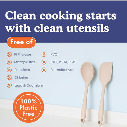 Non-Toxic Platinum Silicone Kitchen Utensil Set of 8 – Non-Scratch Cooking Spoons & Spatulas, 100% Plastic Free, Stainless Steel Core, Heat Resistant 500°F, Beige