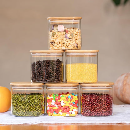 Glass Food Storage Jars 37 oz Set of 6,Glass Storage Containers Clear Glass Food Canister with Bamboo Lid Airtight For Serving Tea, Coffee, Flour, Sugar, Candy, Cookie, Spice and More (Square)