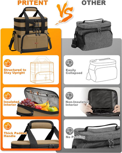 Pritent Lunch Box For Men Women Double Deck Insulated Lunch Bag For Men Woman Leakproof Expandable Cooler Bag with Adjustable Shoulder Strap for Kids Shool Work Picnic Camping(Beige,Large)
