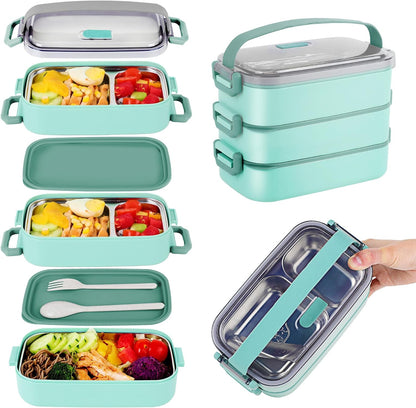 Stainless Steel Bento Box for Adults&Kids,Japanese Leakproof Lunch Box Divided Food Meal Storage Containers Set Stackable 2 Layer for Children School Picnic Beige