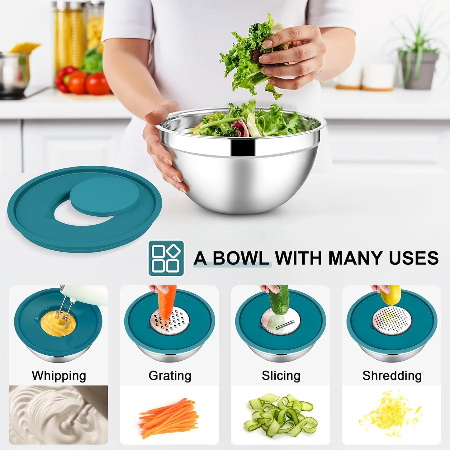E-far Stainless Steel Mixing Bowls with Lids Set, 5-Piece Nesting Salad Bowls with 3 Grater Attachments and Non-Slip Bottoms, Size 4.6, 2.6, 2, 1.5, 1QT for Kitchen (Khaki)